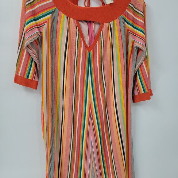 VTG Sears 70s Multicolor Striped House Coat Small Orange Robe Keyhole Back - Picture 8 of 16